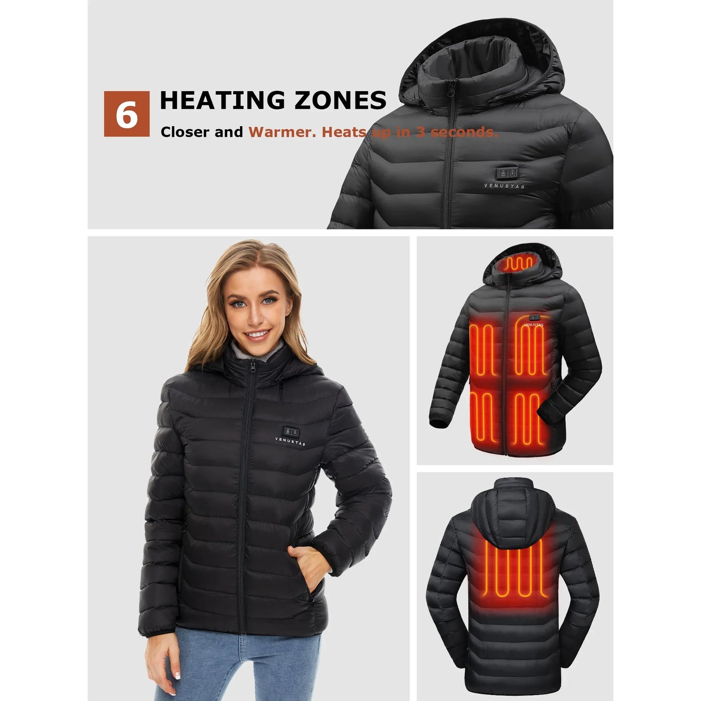 Unisex Heated Jacket with Battery Pack 7.4V, Winter Heated Coat for Women and Men, 6 Heating Zones, Detachable Hood (Black, XS)