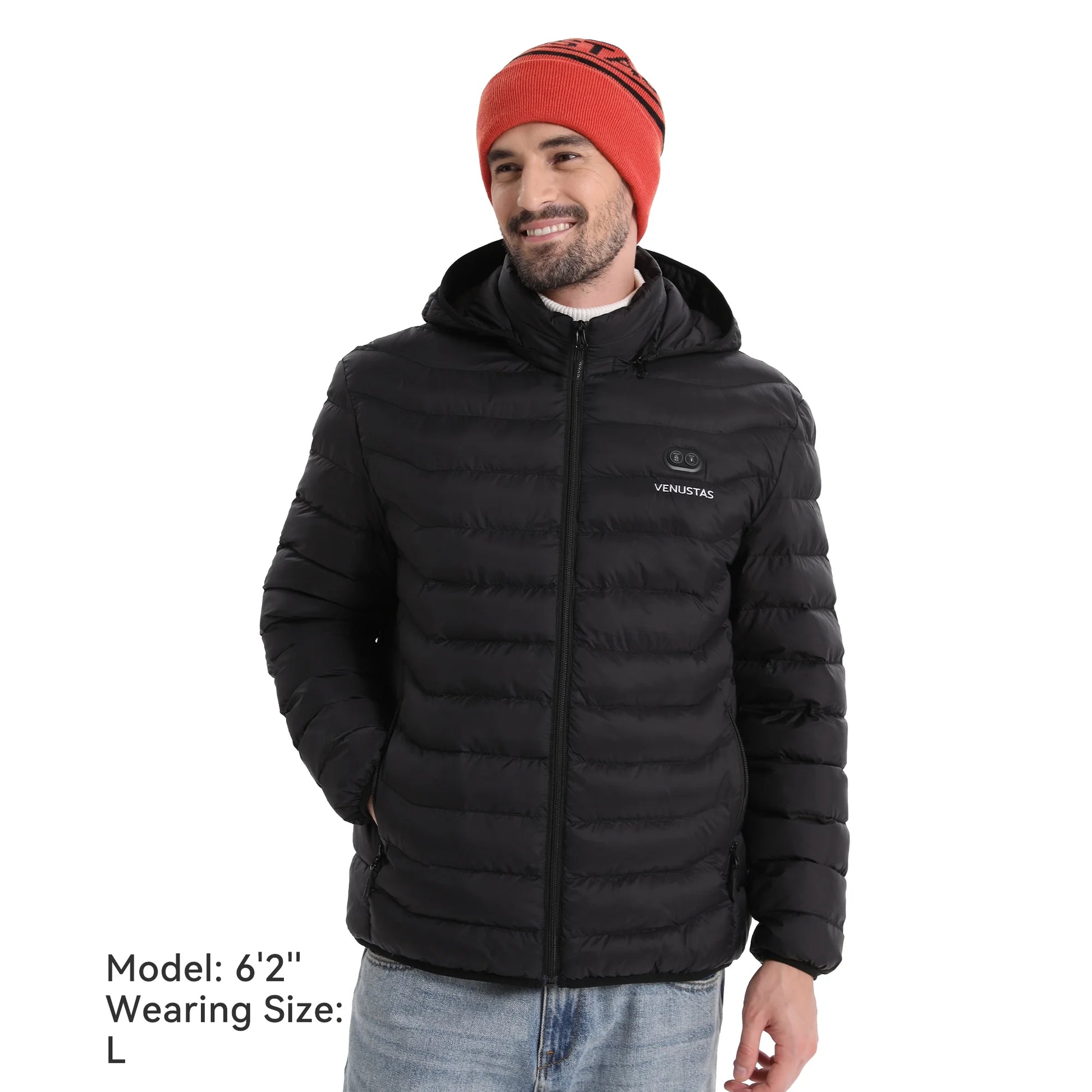 Unisex Heated Jacket with Battery Pack 7.4V, Winter Heated Coat for Women and Men, 6 Heating Zones, Detachable Hood (Black, XS)
