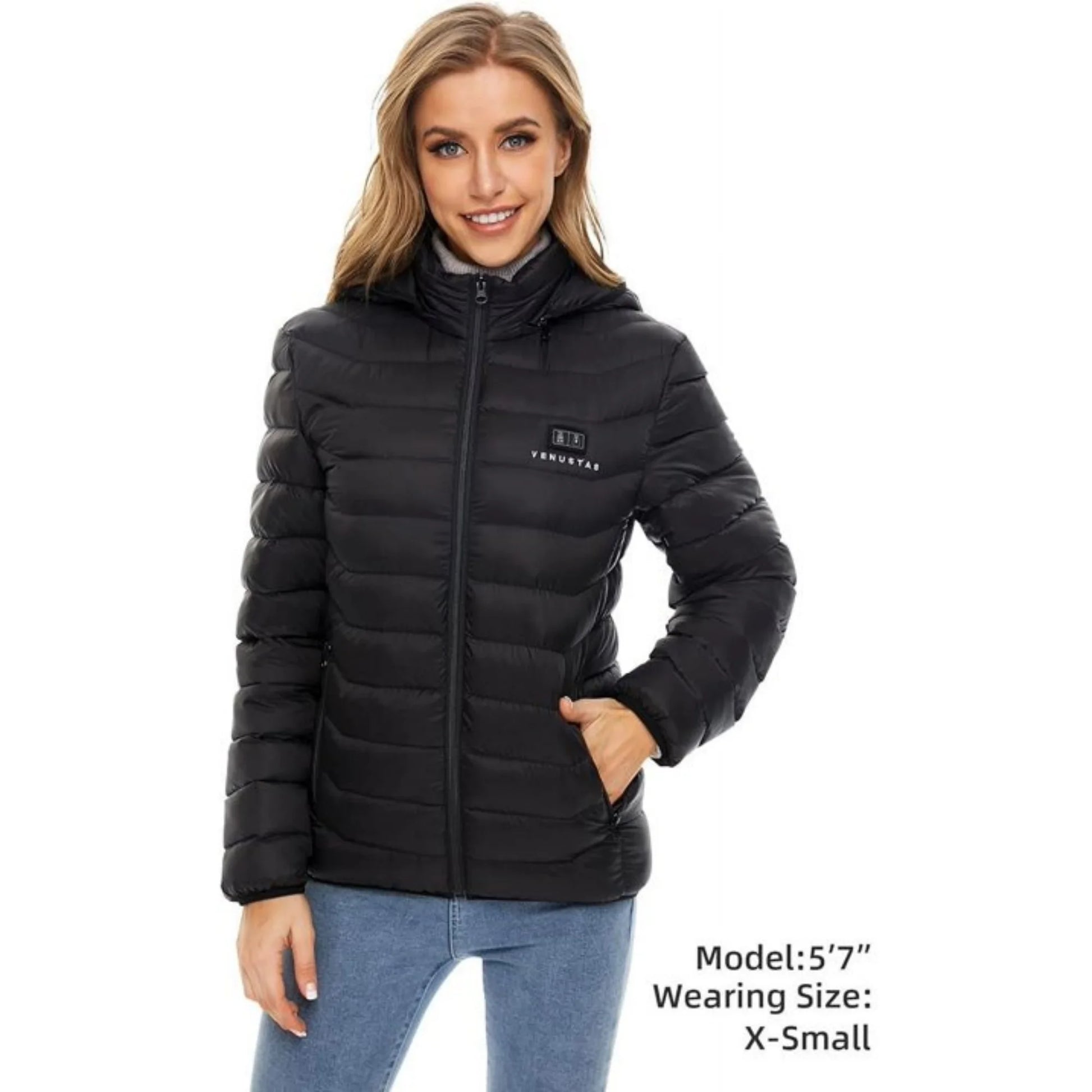 Unisex Heated Jacket with Battery Pack 7.4V, Winter Heated Coat for Women and Men, 6 Heating Zones, Detachable Hood (Black, XS)